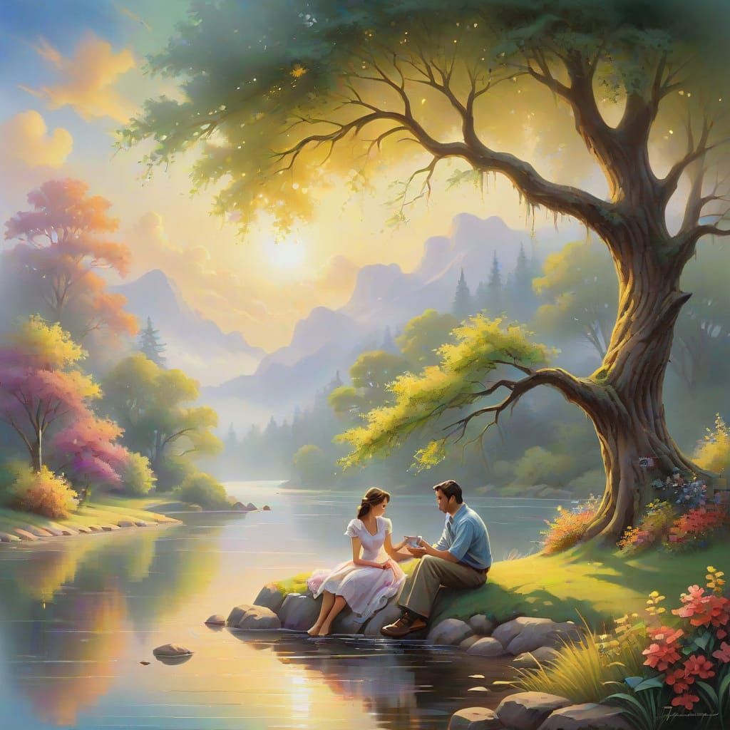 Couple Relaxing by River in Airbrush Oil Painting