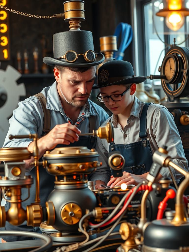Steampunk Father and Son in Laboratory
