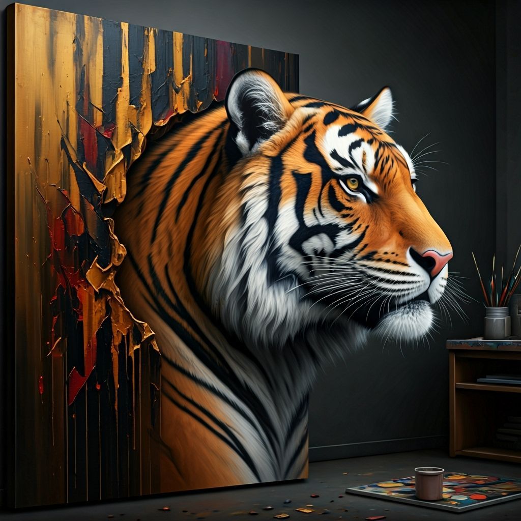 Tiger Emerges from Abstract Expressionist Oil Painting