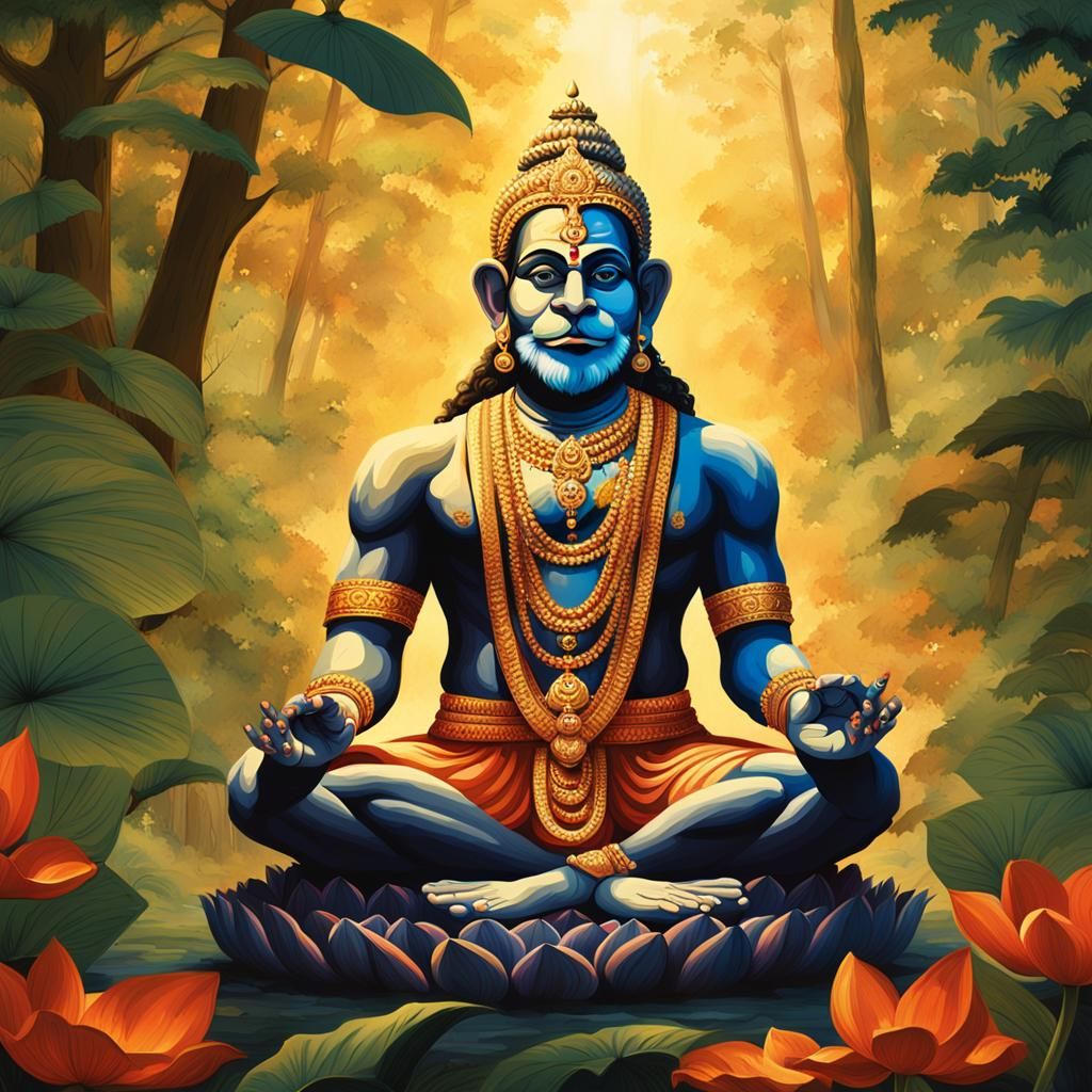 Hanuman Meditating in Lotus Position, Traditional Indian Art
