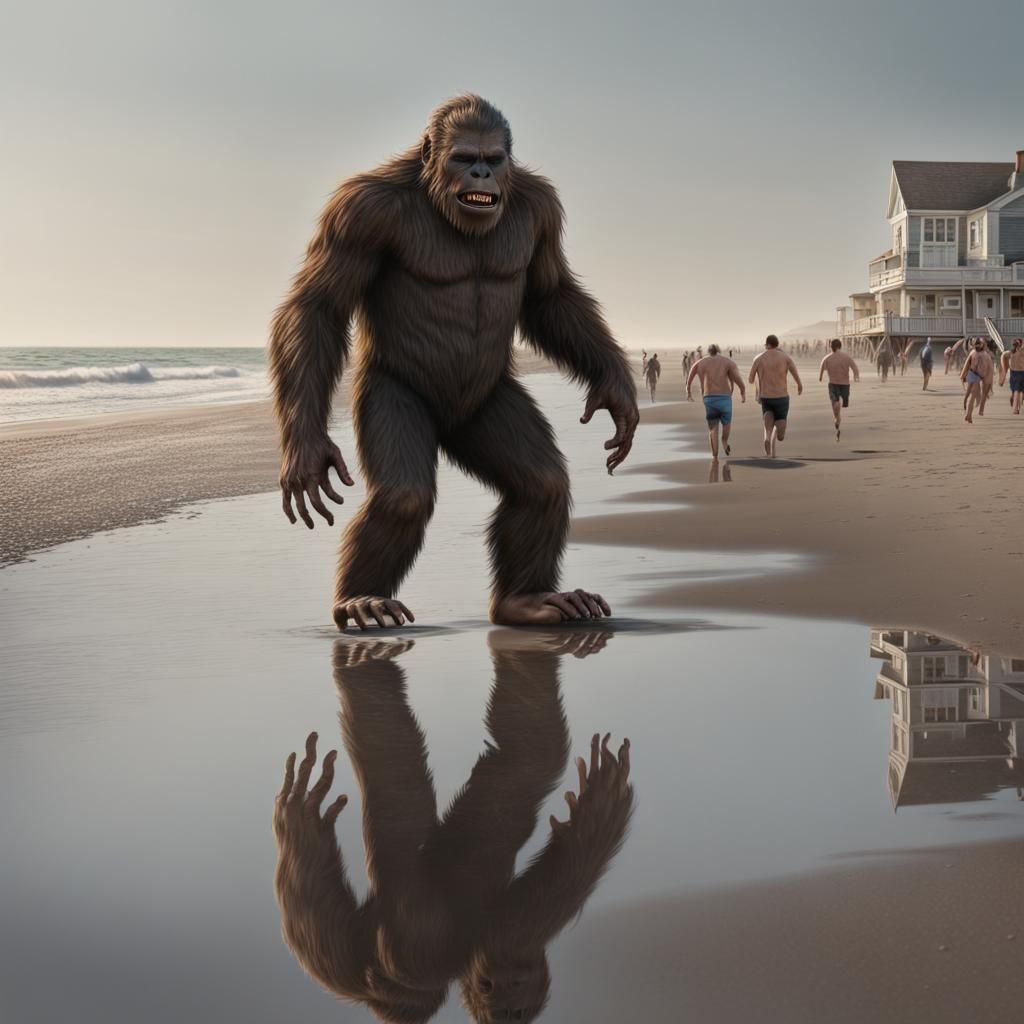 Bigfoot on New Jersey Beach: Cinematic Image