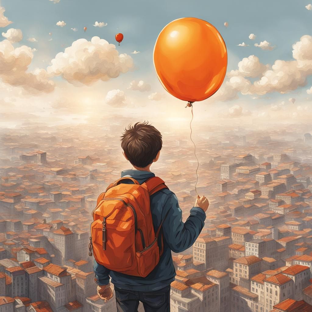 Boy with Orange Balloon Floating in the Sky