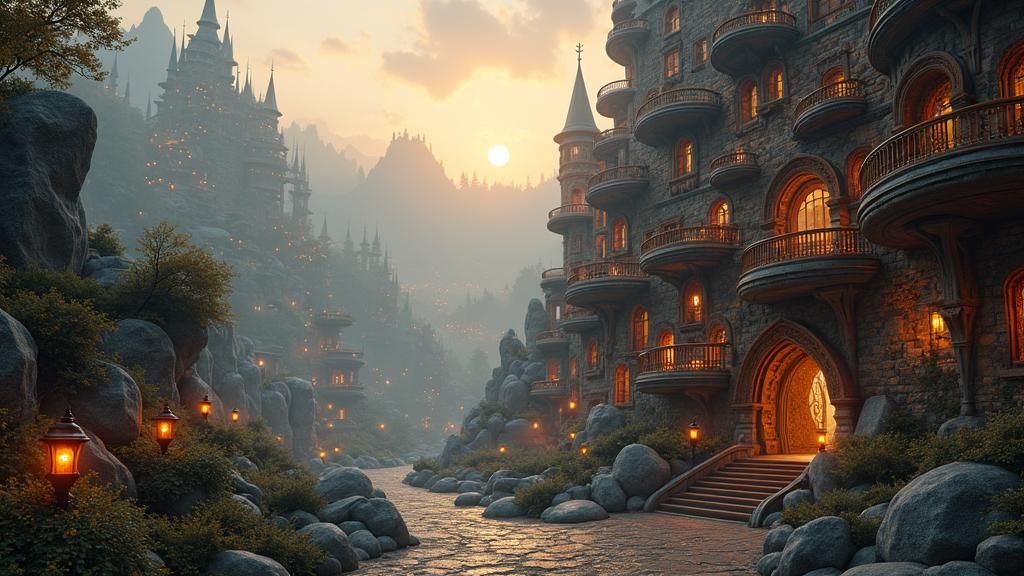 Dreamlike Library in Whimsical Landscape: Digital Art