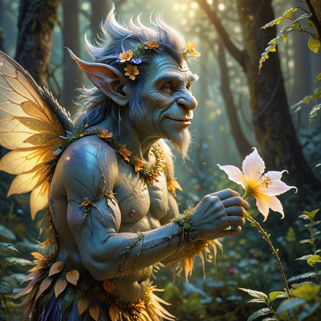 Winged Fairy Receives Flower from Troll in Watercolor