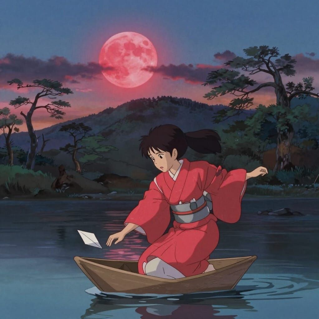 Woman Releases Paper Boat Under Blood Moon in Anime Style