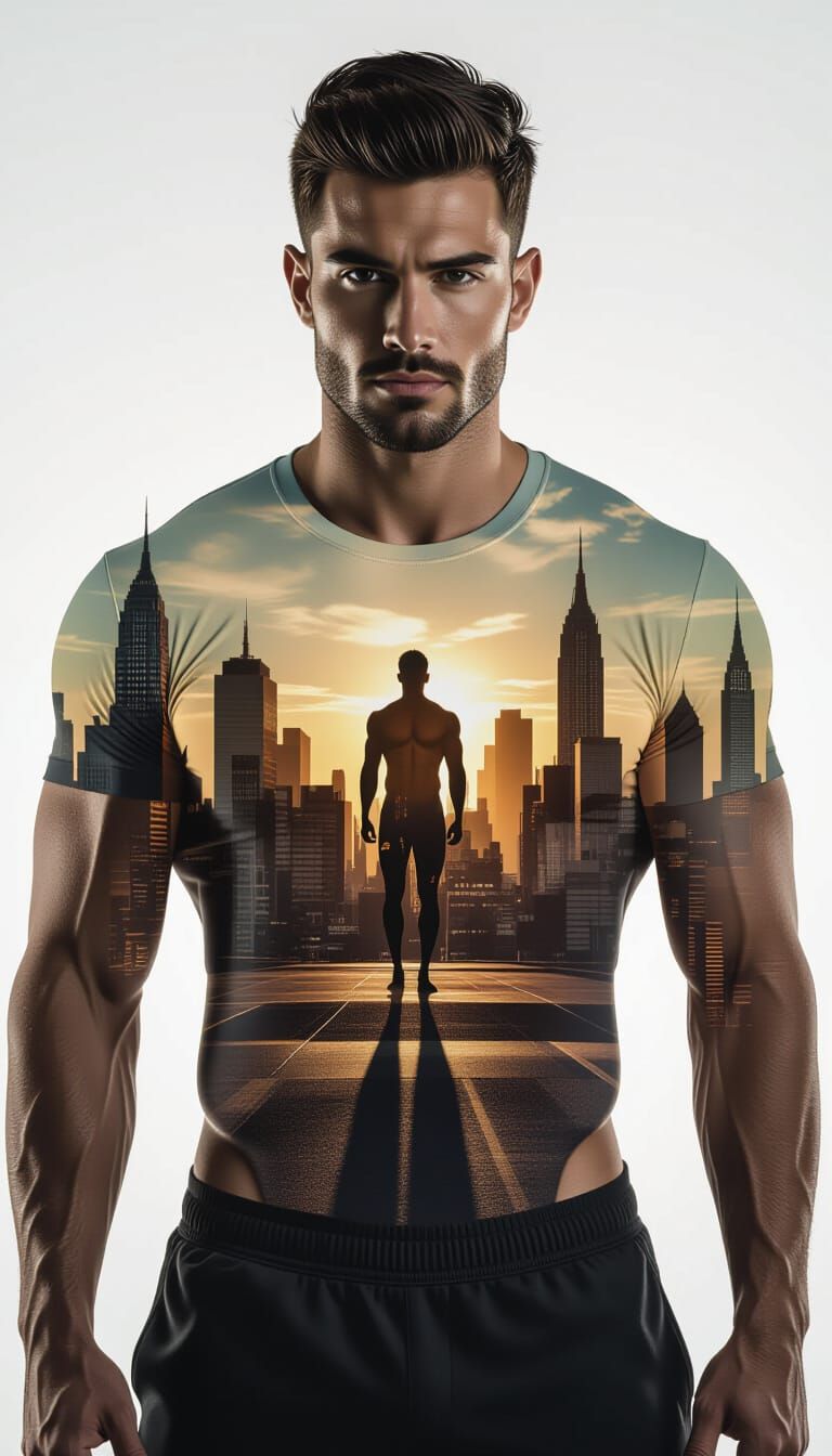 Surreal Urban Hellscape with Muscled Man Silhouette