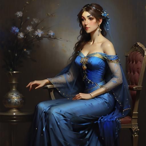 "female in blue, dress, Pino Daeni"