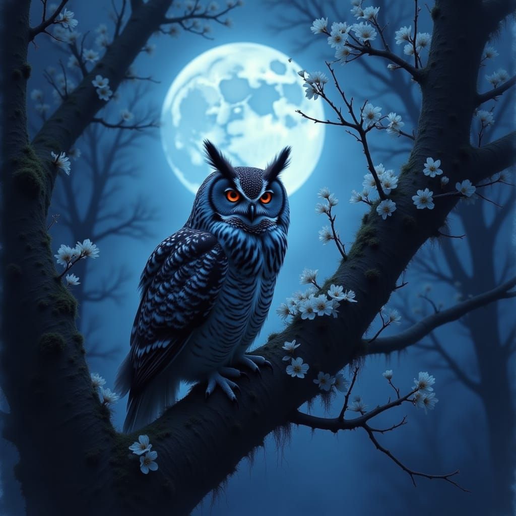 Barred Owl in Misty Night with Blue Moon