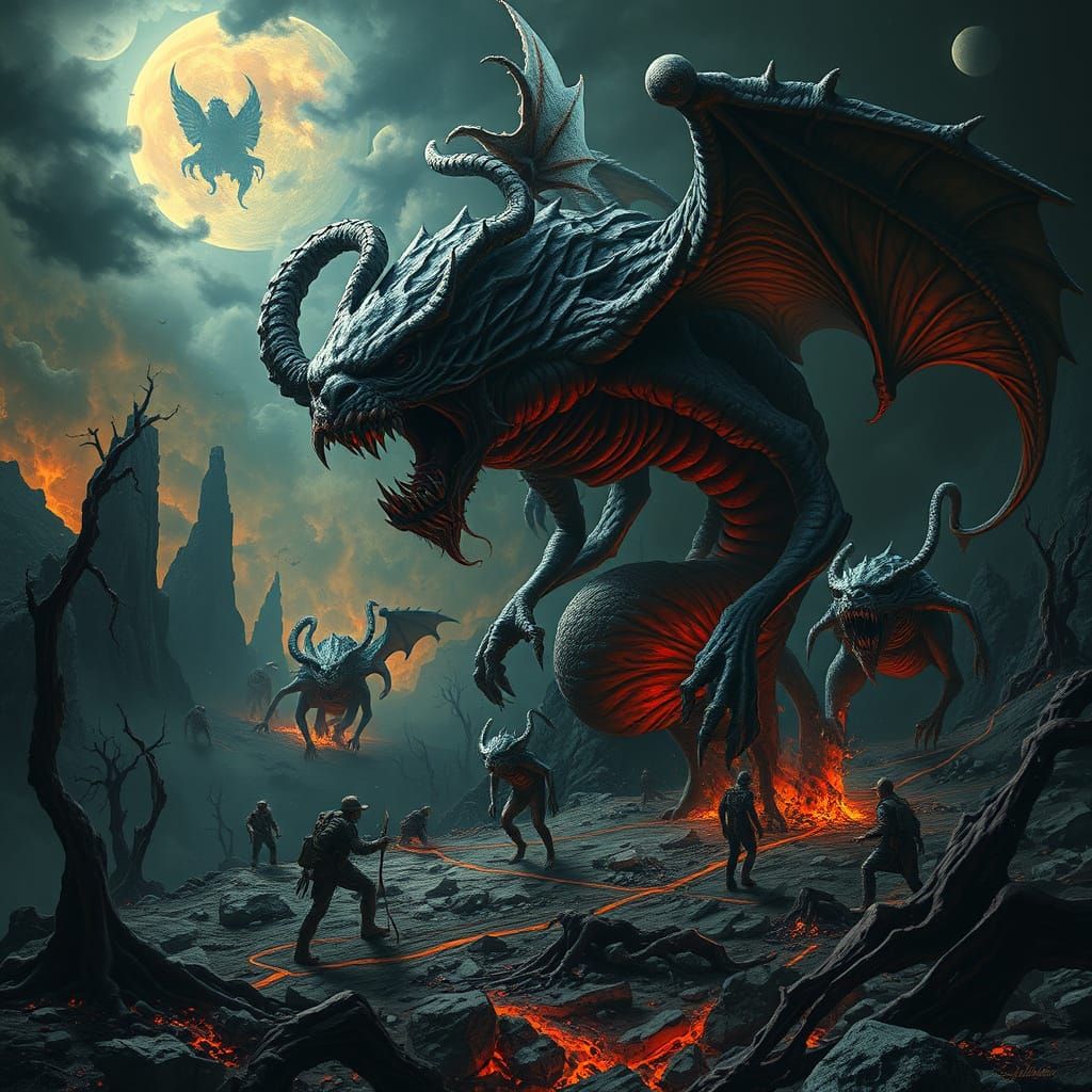 Nightmarish Creatures in a Fiery, Surreal Landscape