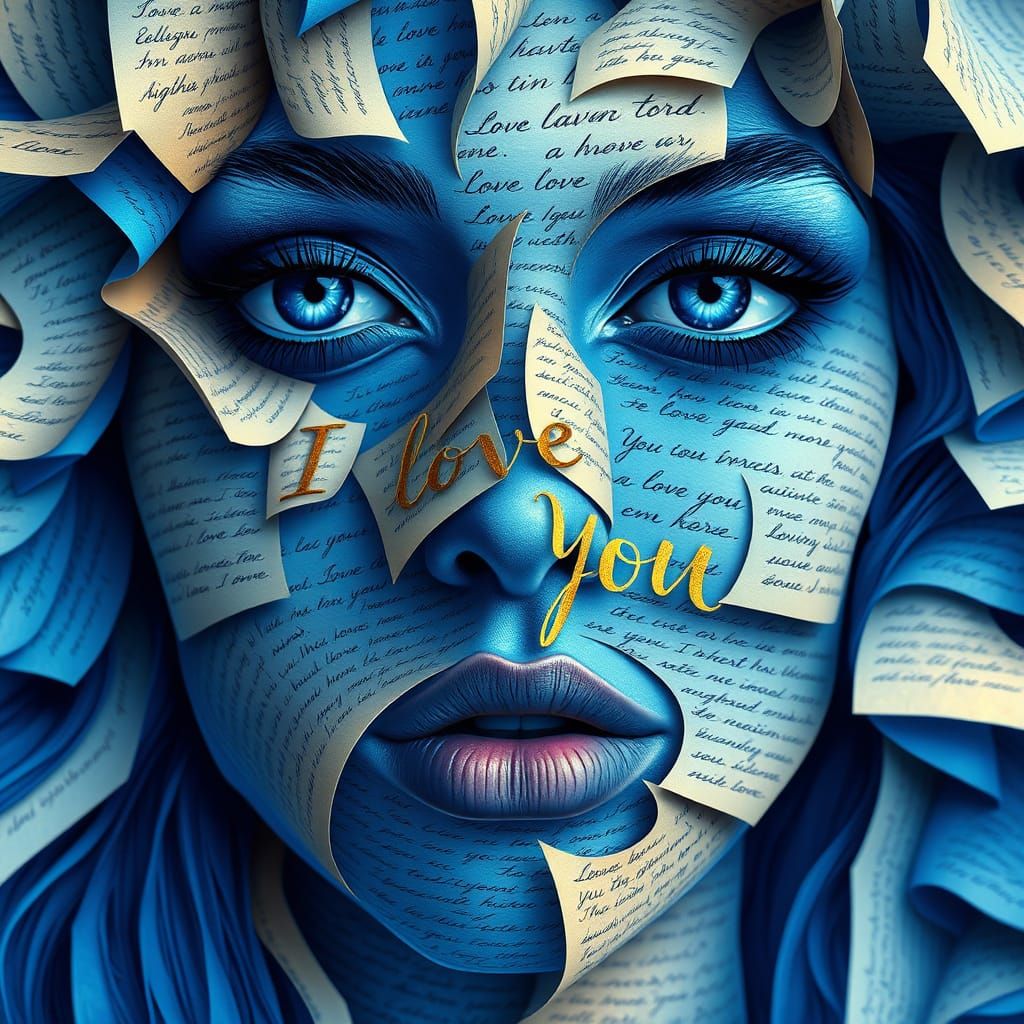 Blue Woman's Face in Gold Paper Optical Illusion