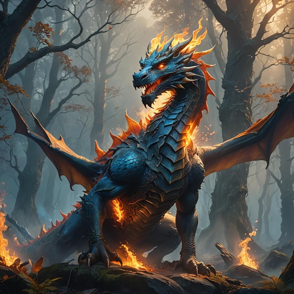 Flame Dragon Concept Art in Ancient Forest