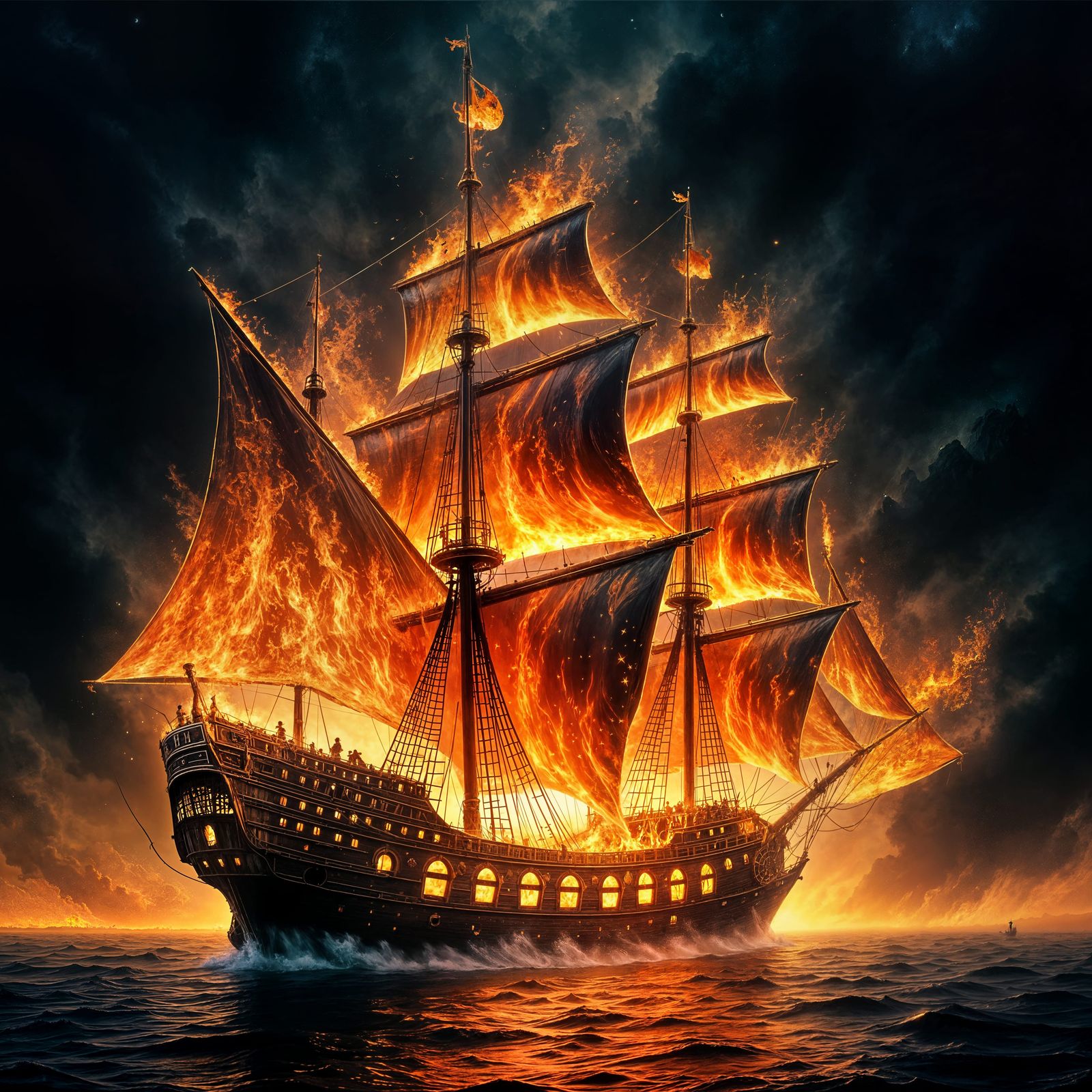 Fiery Ghost Ship Sailing Dark Ocean