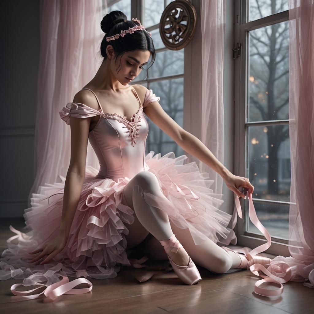 Ballerina Tying Ballet Shoes in Hyperrealistic Style
