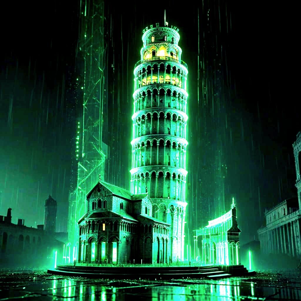 Leaning Tower of Pisa in Matrix Wireframe Style