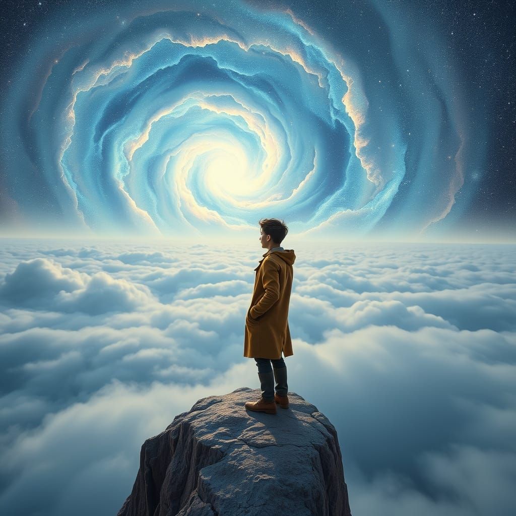 Young Man Stands at the Edge of the Universe