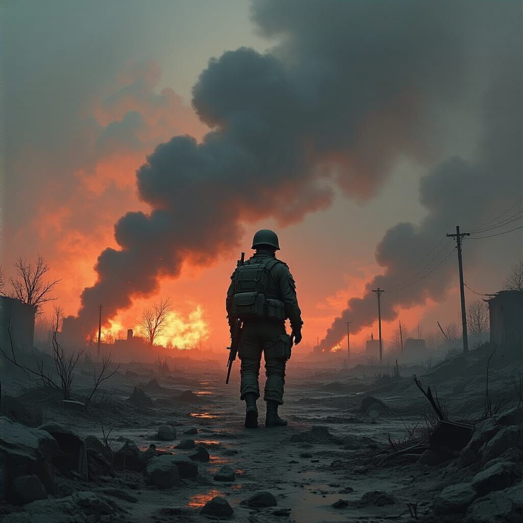 Soldier in Ruined Landscape: Cinematic Dystopian Art
