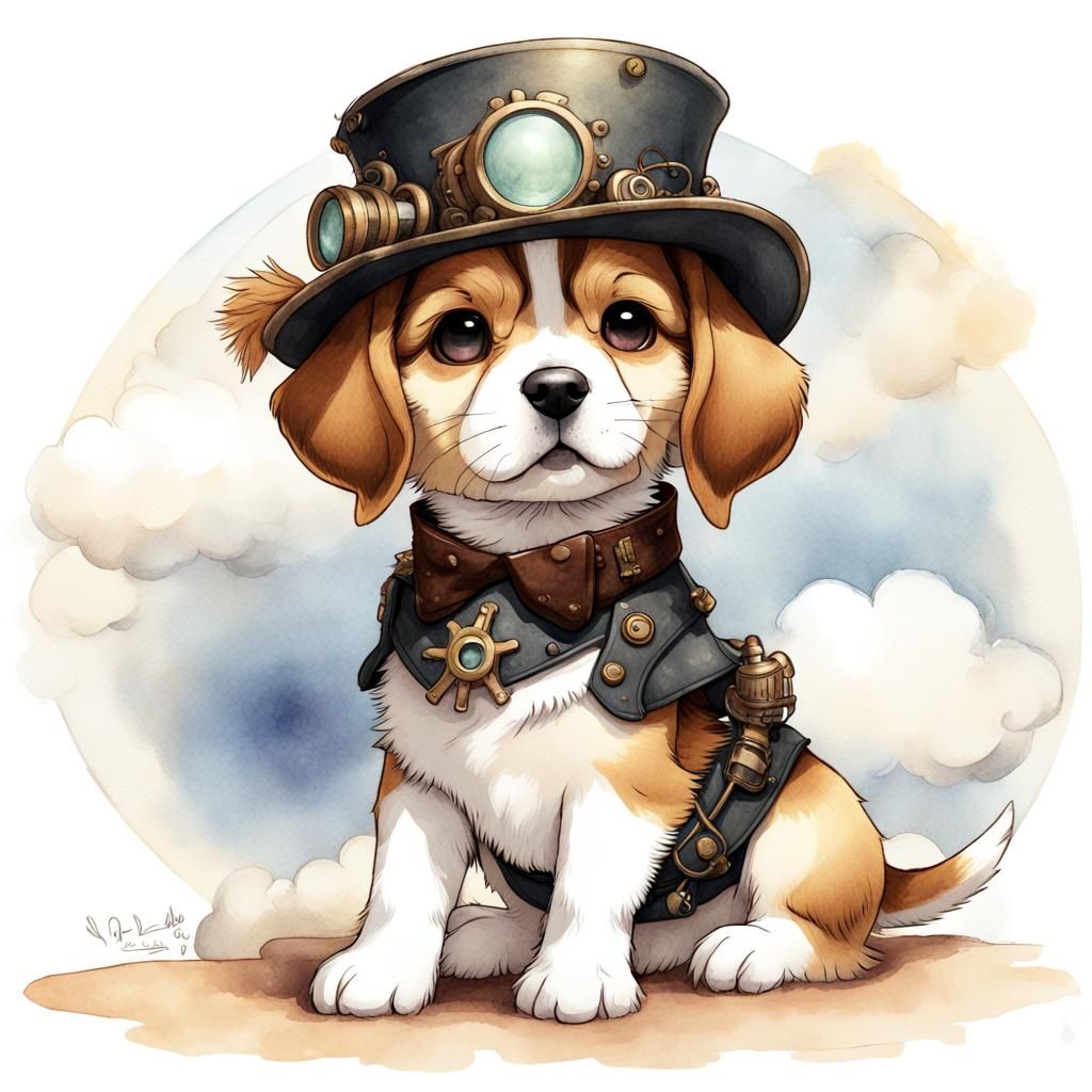 Steampunk Chibi Beagle Puppy in Watercolor Style