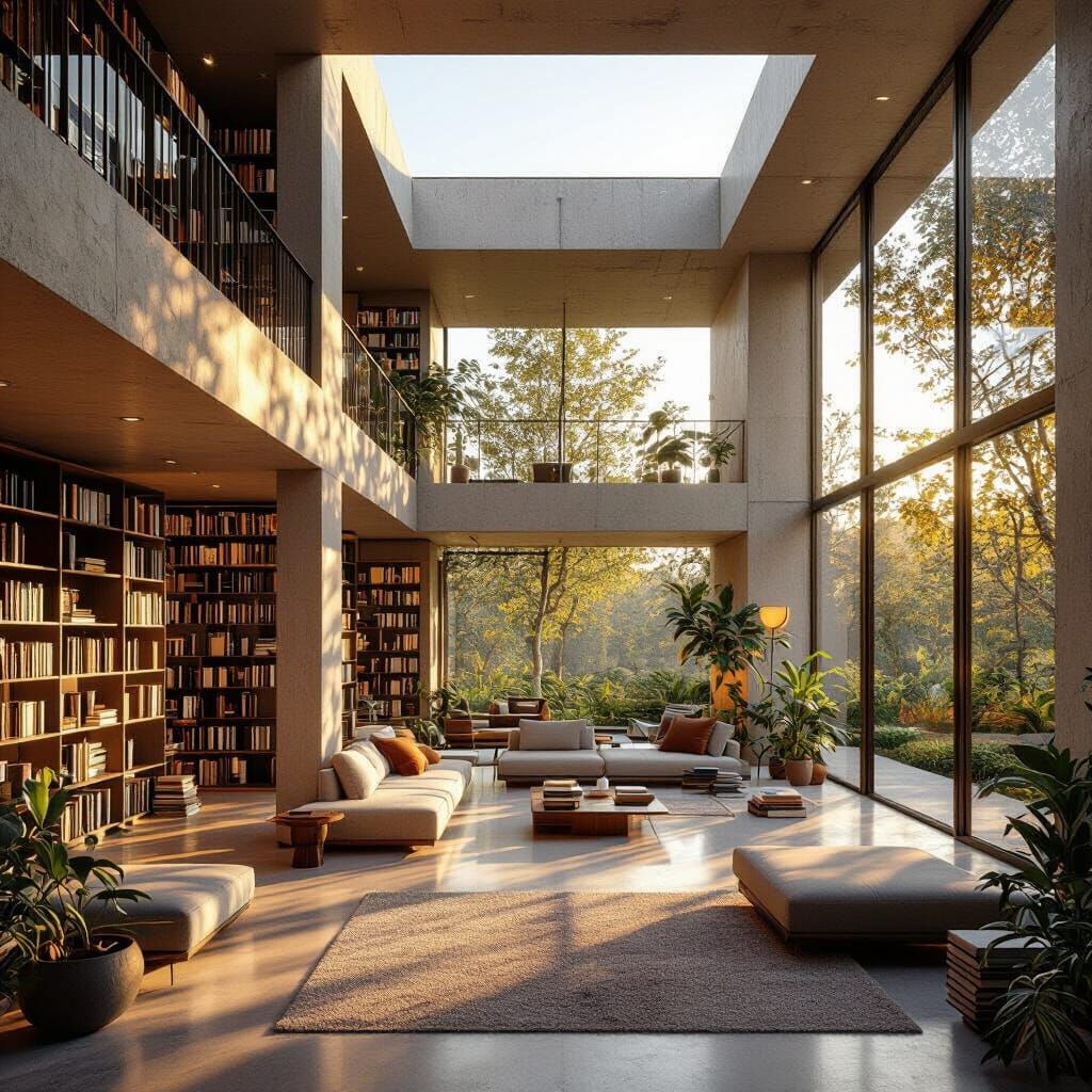 Modern Concrete Library in Golden Hour Lighting