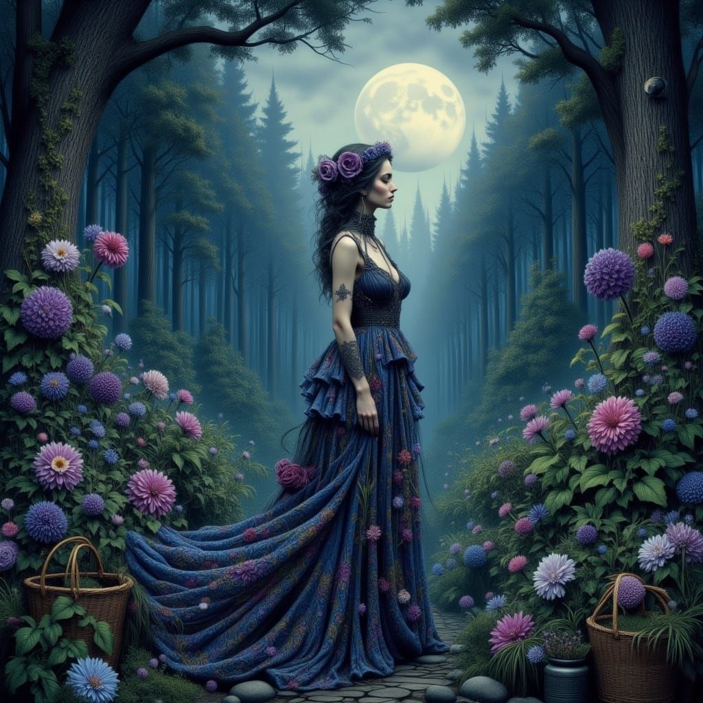 Woman in a Mystical Moonlit Garden