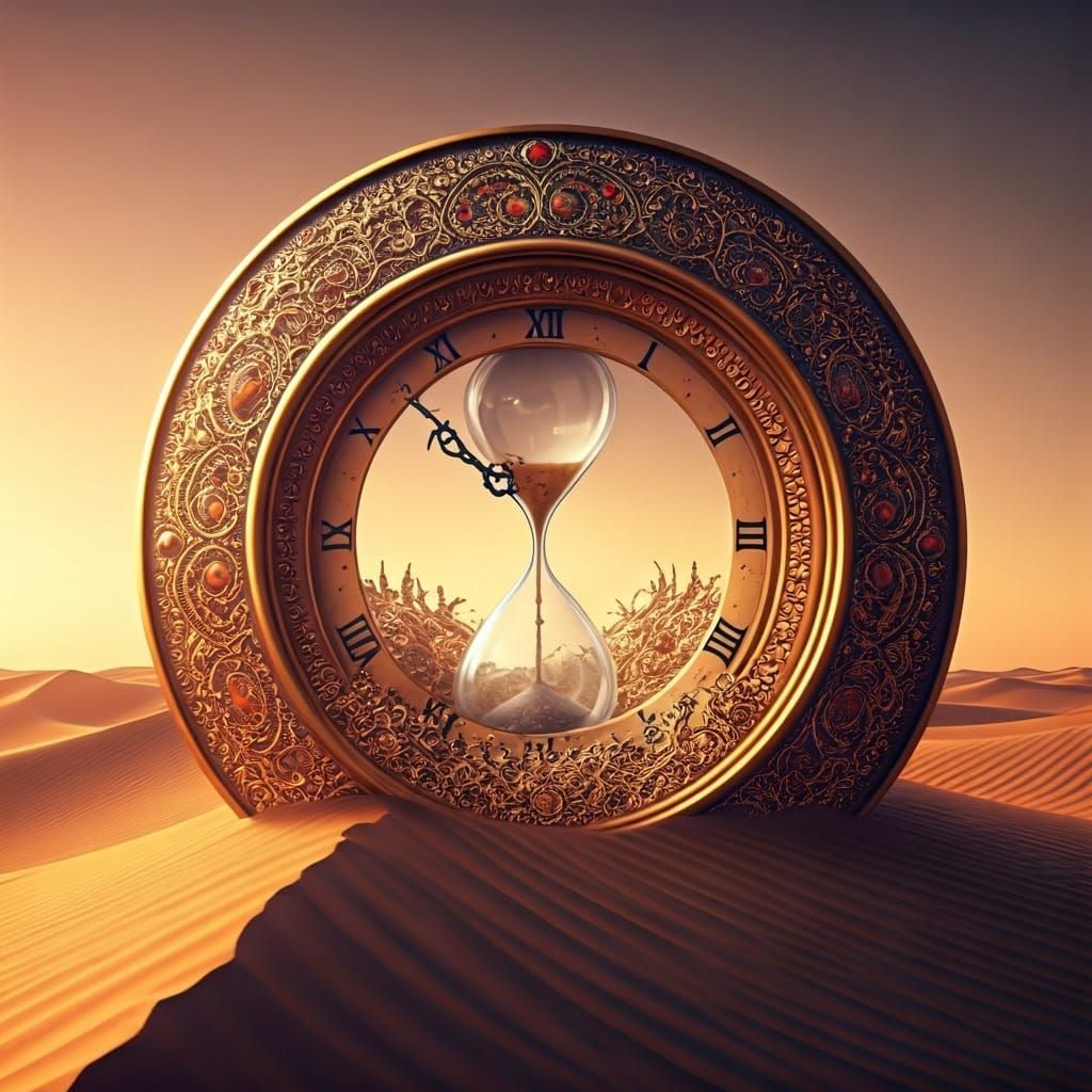Ornate Sand Clock in Desert Landscape