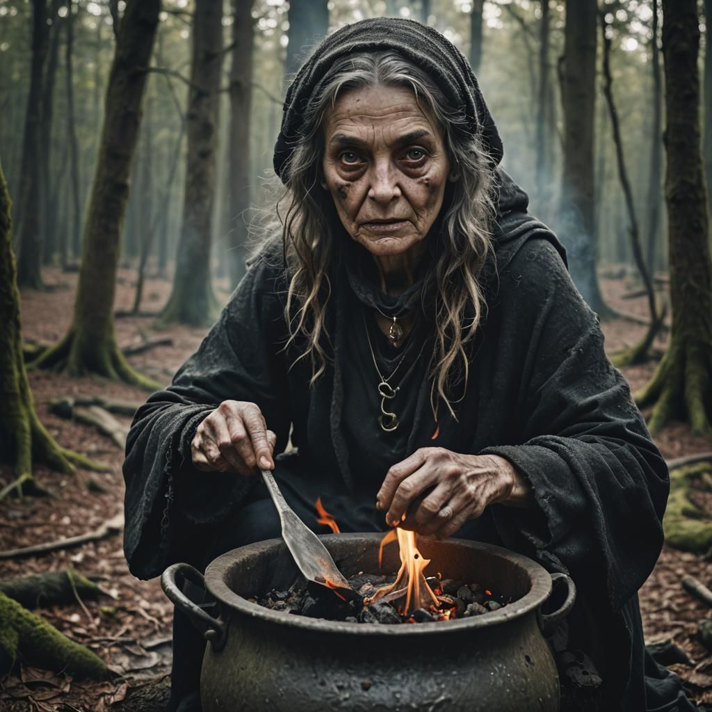 Evil Witch Casting Magic in Forest Portrait