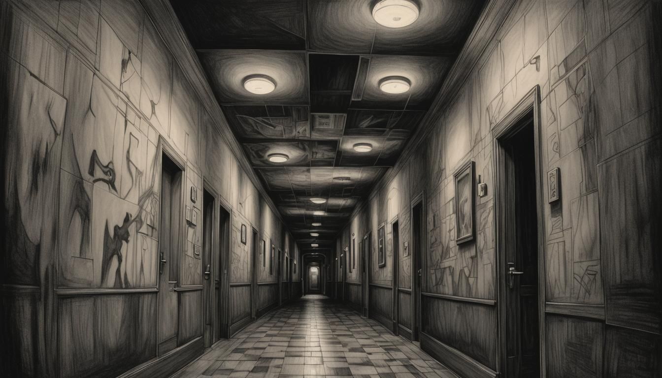 Eerie Hallway Figure in Detailed Charcoal Drawing