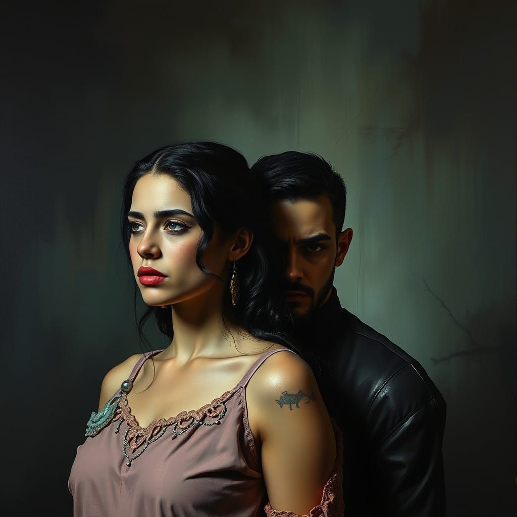 Tense Couple in Moody Film Noir Setting