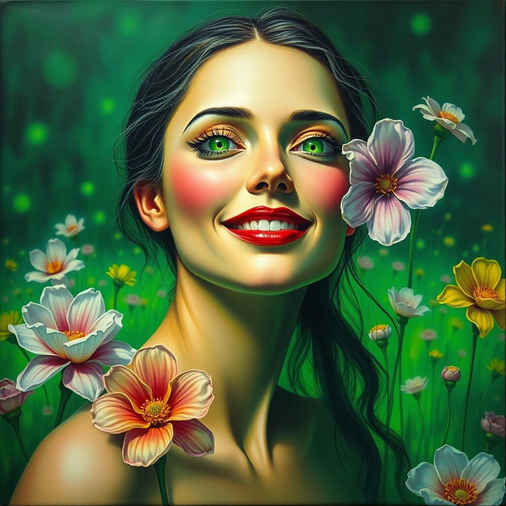 Surreal Green-Eyed Woman in a Glowing Floral World