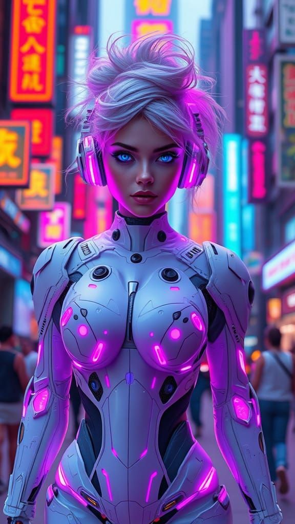 Confident Cybernetic Goddess in Neon City