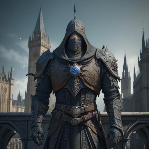 A face-hidden hero hangs from the stone parapet by his hands...