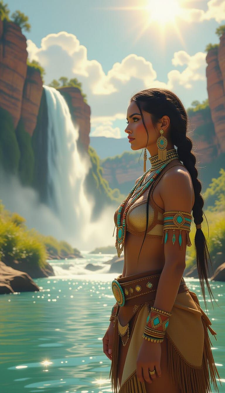 Native American Cowgirl by Waterfall in Digital Painting