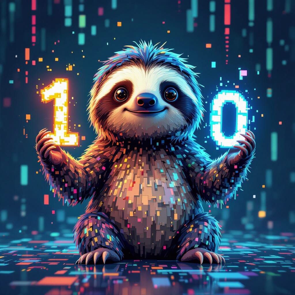 Glitching Digital Sloth Avatar with Code Background