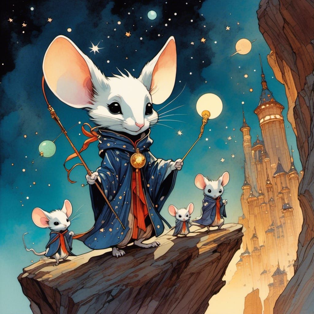 Cosmic Wizard Mice in Watercolor Style