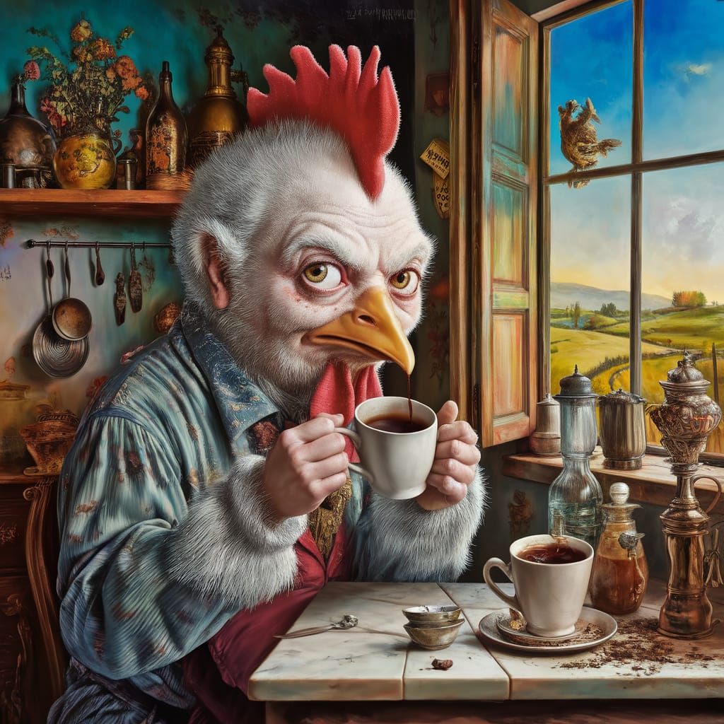 Surreal Chicken Coffee in Maximalist Oil Painting