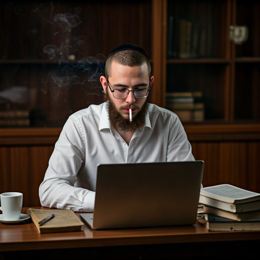 Haredi Yeshiva Student Ponders with Coffee and Talmud