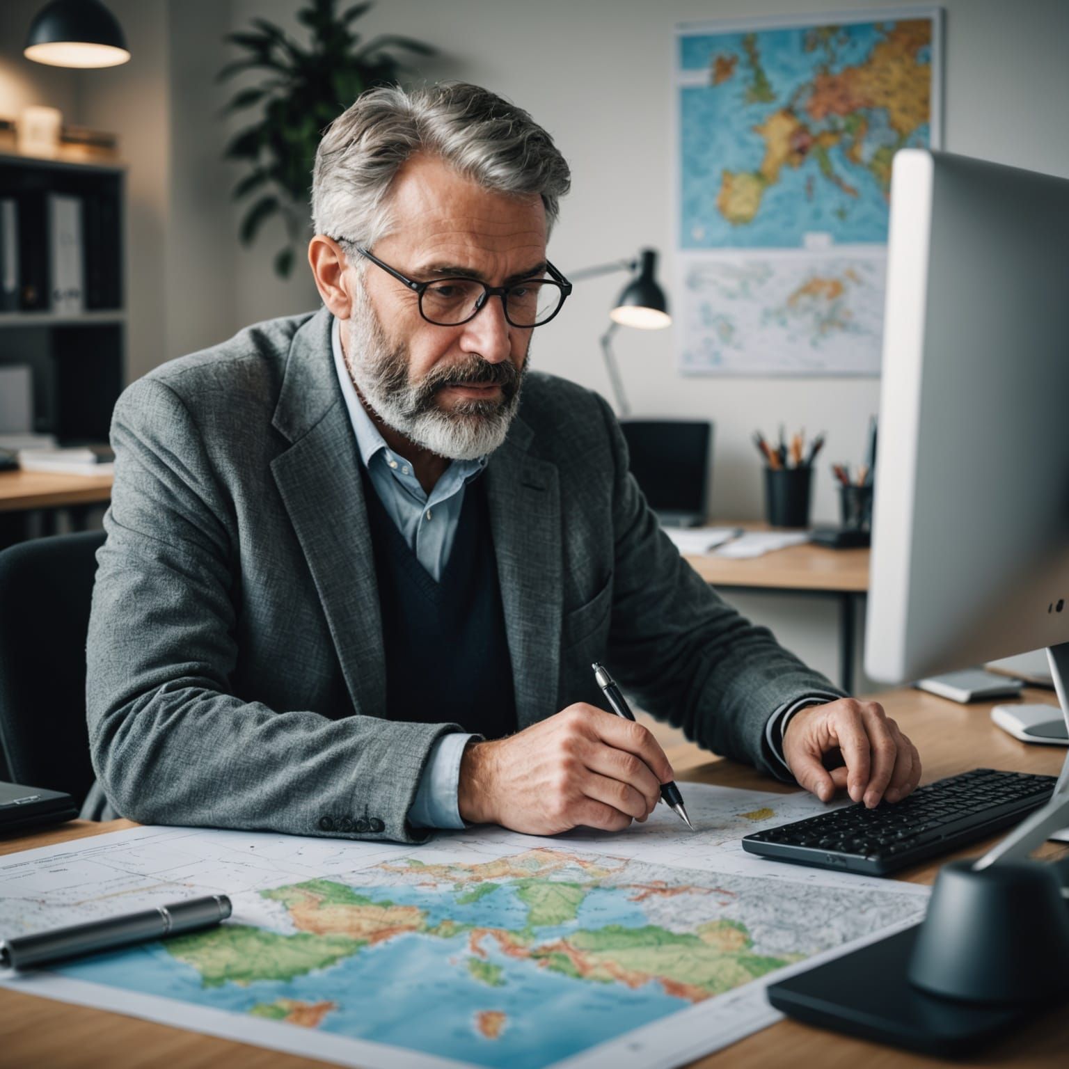 Italian Geologist Examining Maps in Office