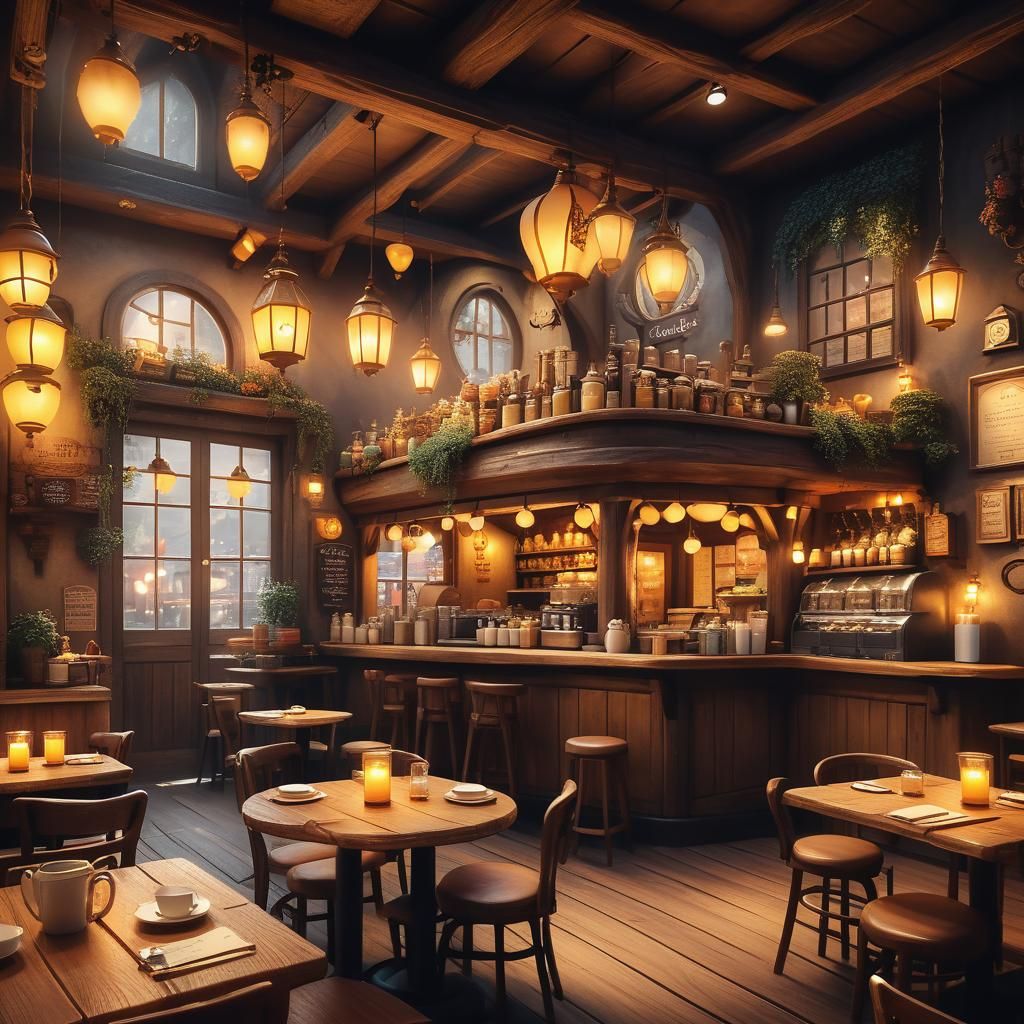Cozy Fantasy Cafe with Warm Lighting and Rich Textures