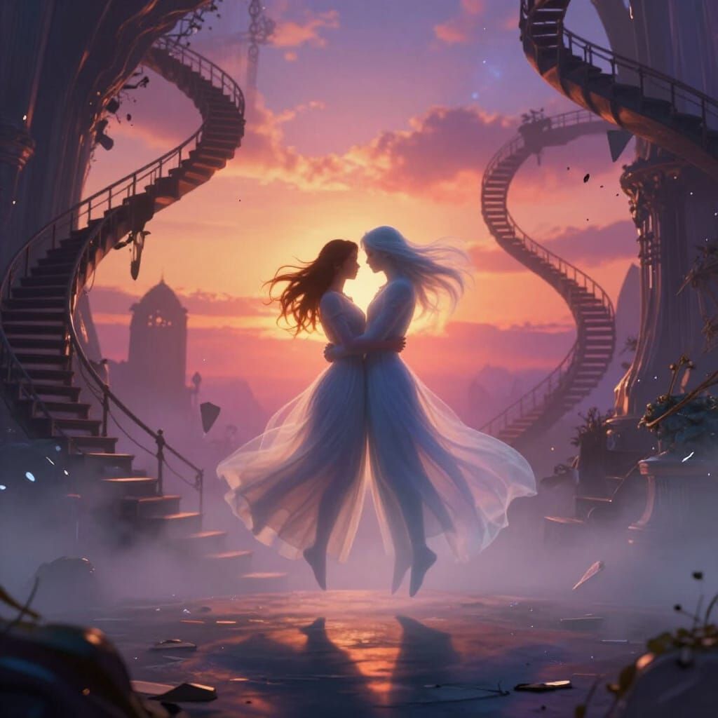Ethereal Ghost Couple Embracing in Mystical Sunset