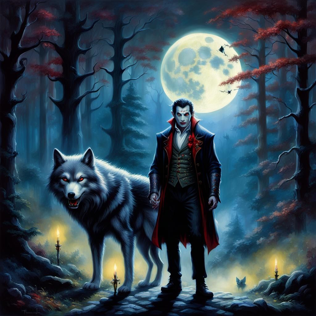 Vampire and Wolf in Moonlit Forest