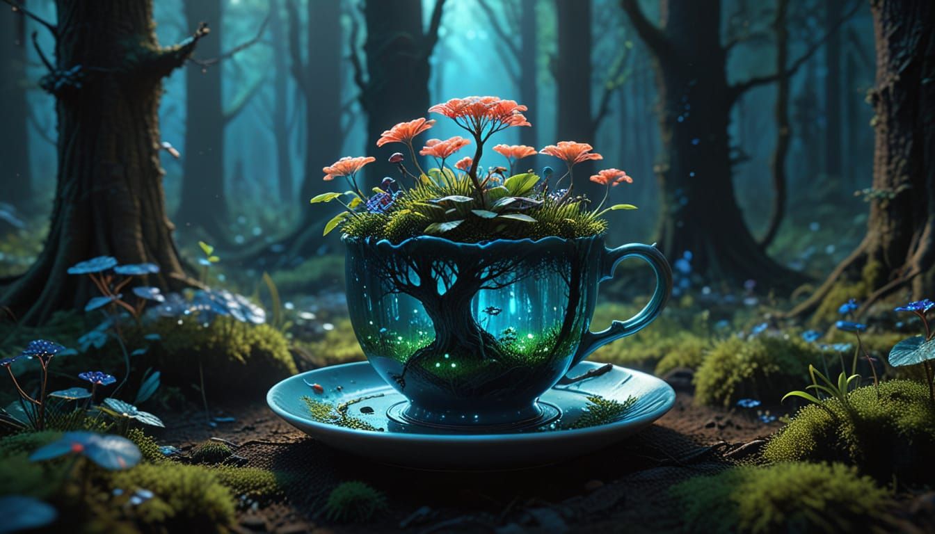 Fantasy Forest Inside Teacup With Bioluminescent Glow
