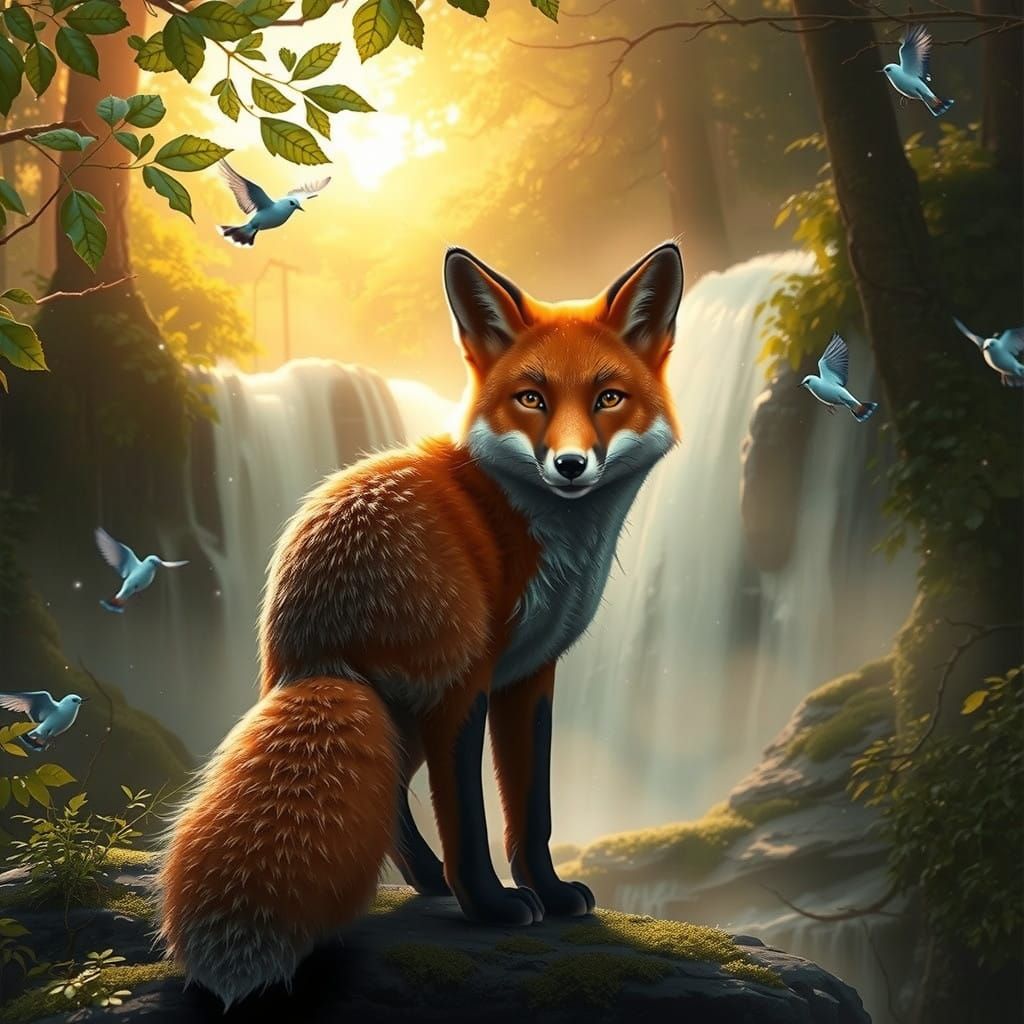 Mystical Fox in Vibrant Forest, Sunlit and Whimsical