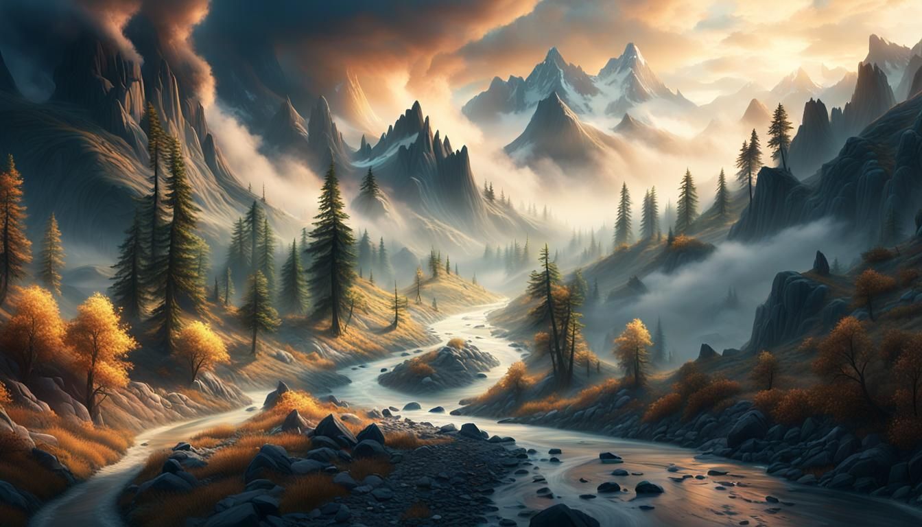 Serene River Reflects Turbulent Sky in Matte Painting