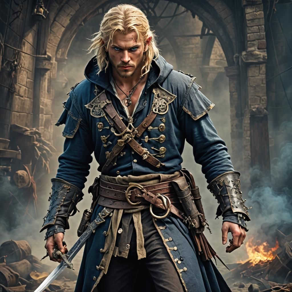 Hyperrealistic Pirate with Rapiers and Hood