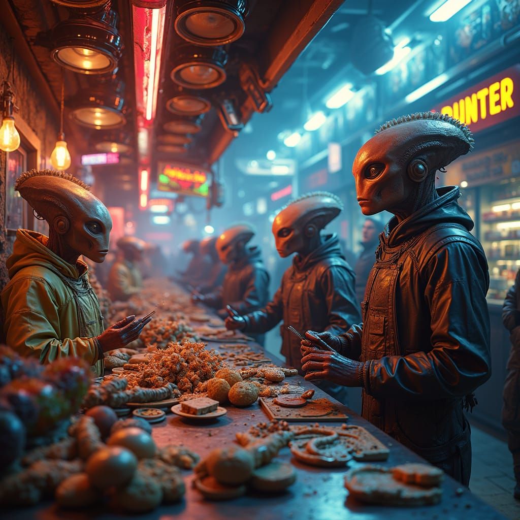 Vibrant Sci-Fi Interstellar Market with Alien Traders