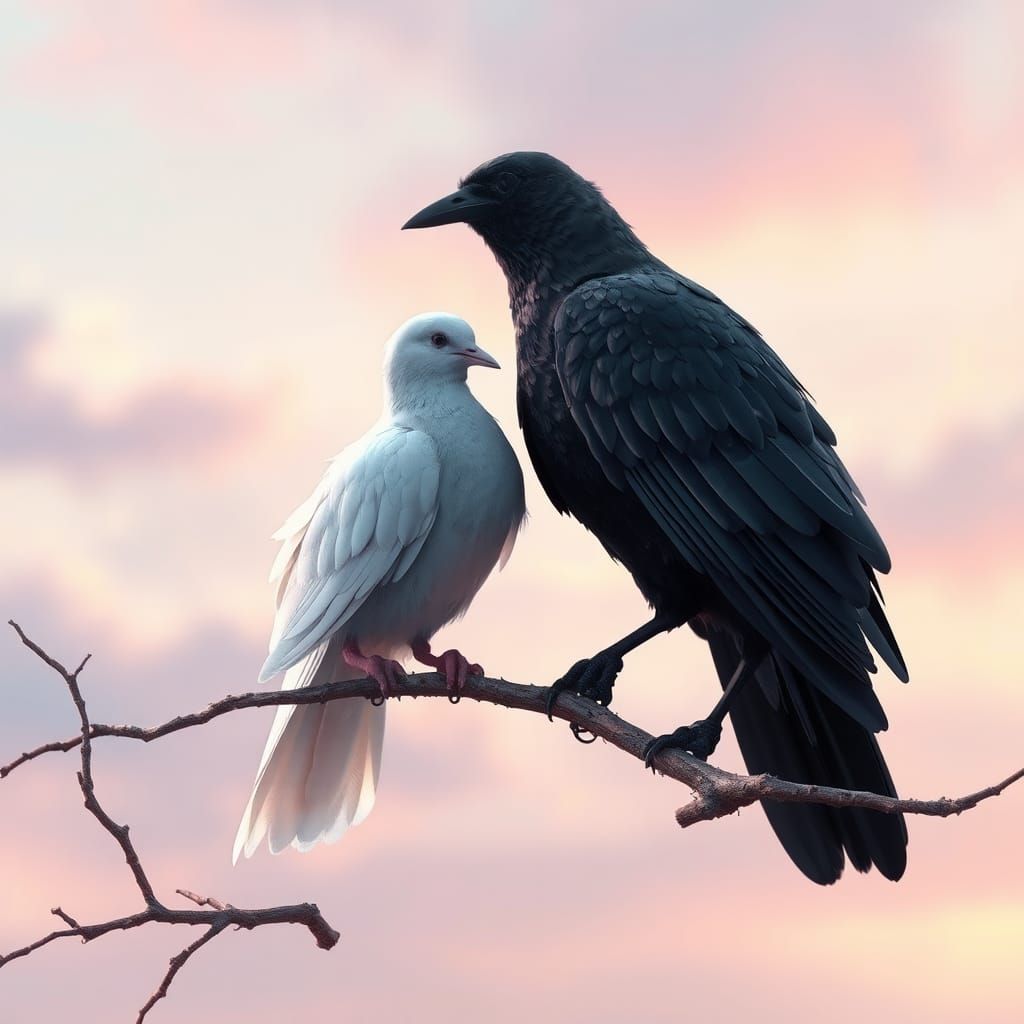 Dove and Crow in Hyper-Realistic Anime Style