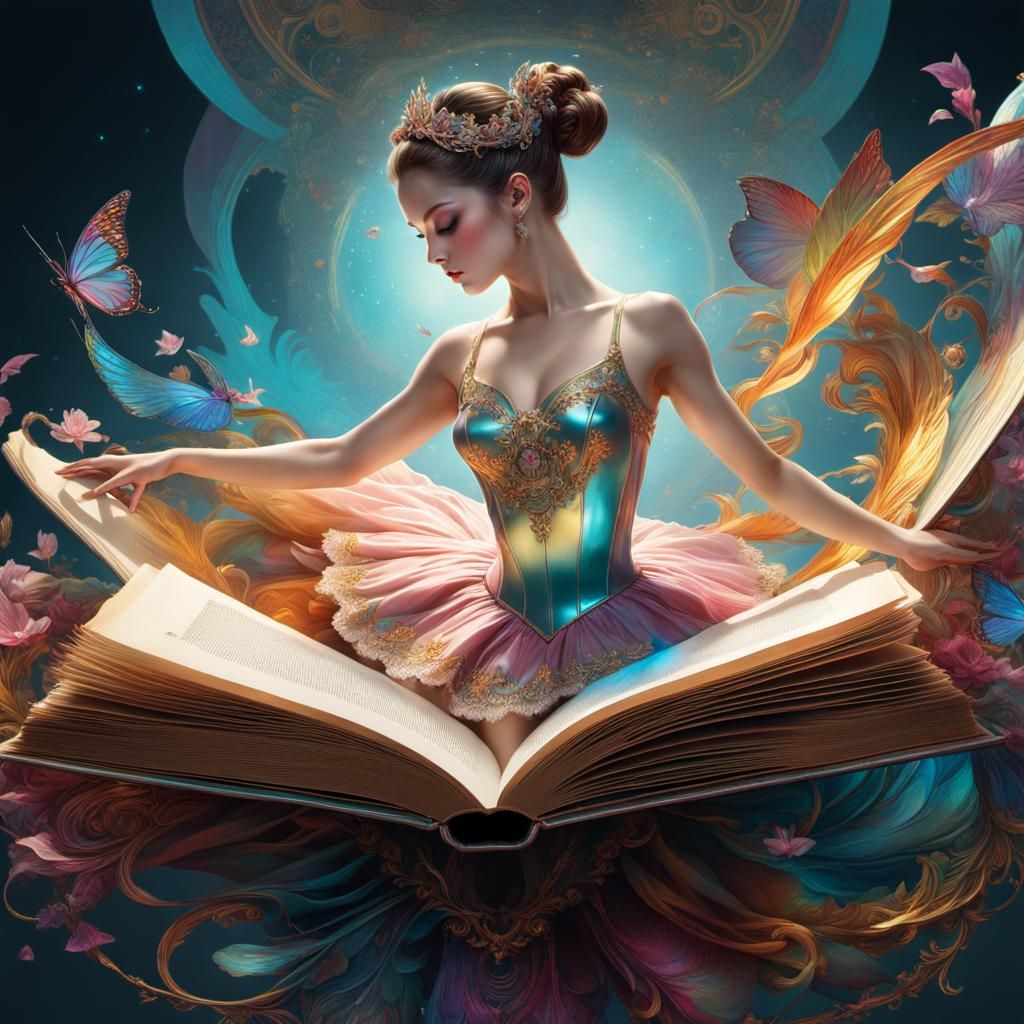Ballerina Emerges from Book in Holographic Style