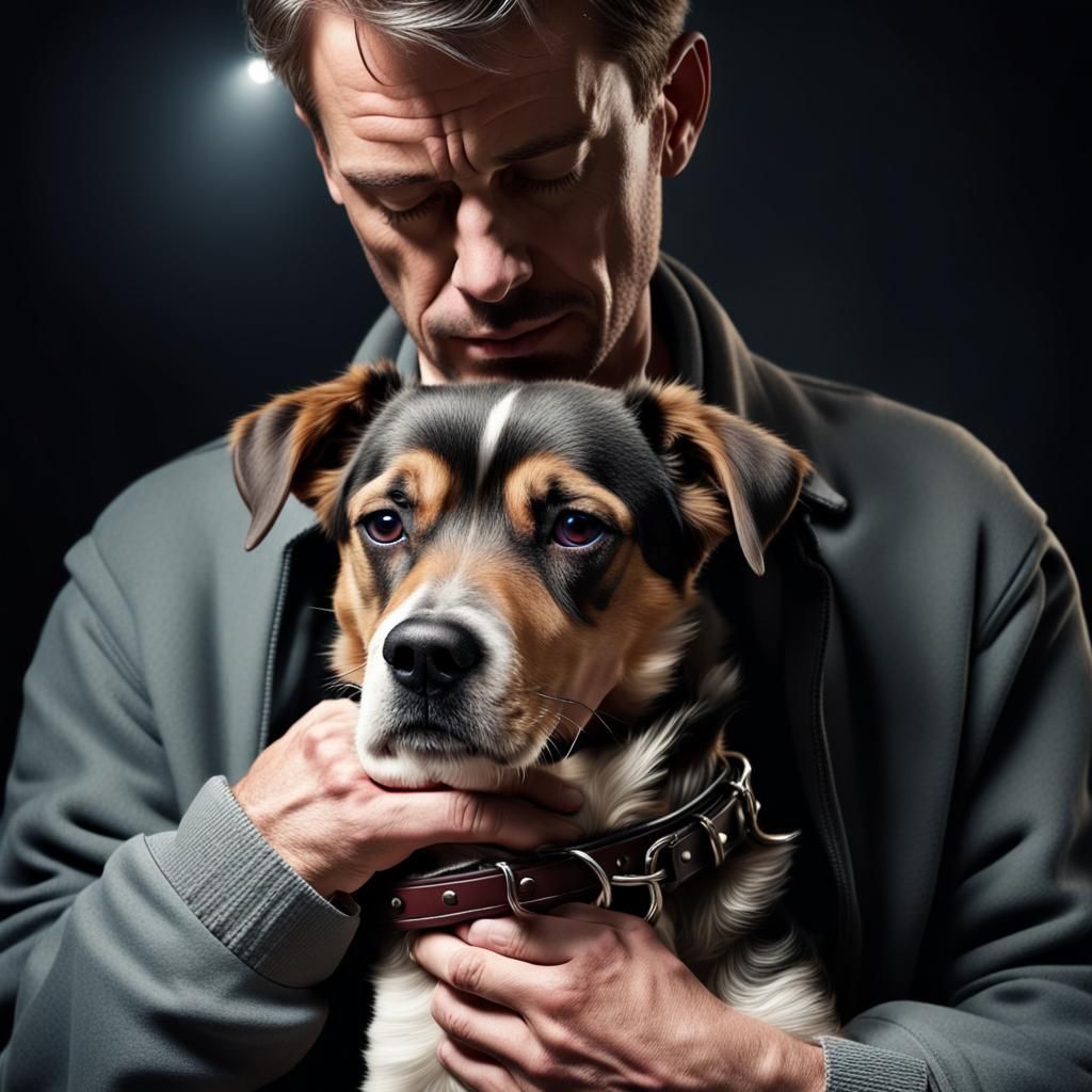 Grieving Man with Empty Dog Collar: Sorrowful Portrait
