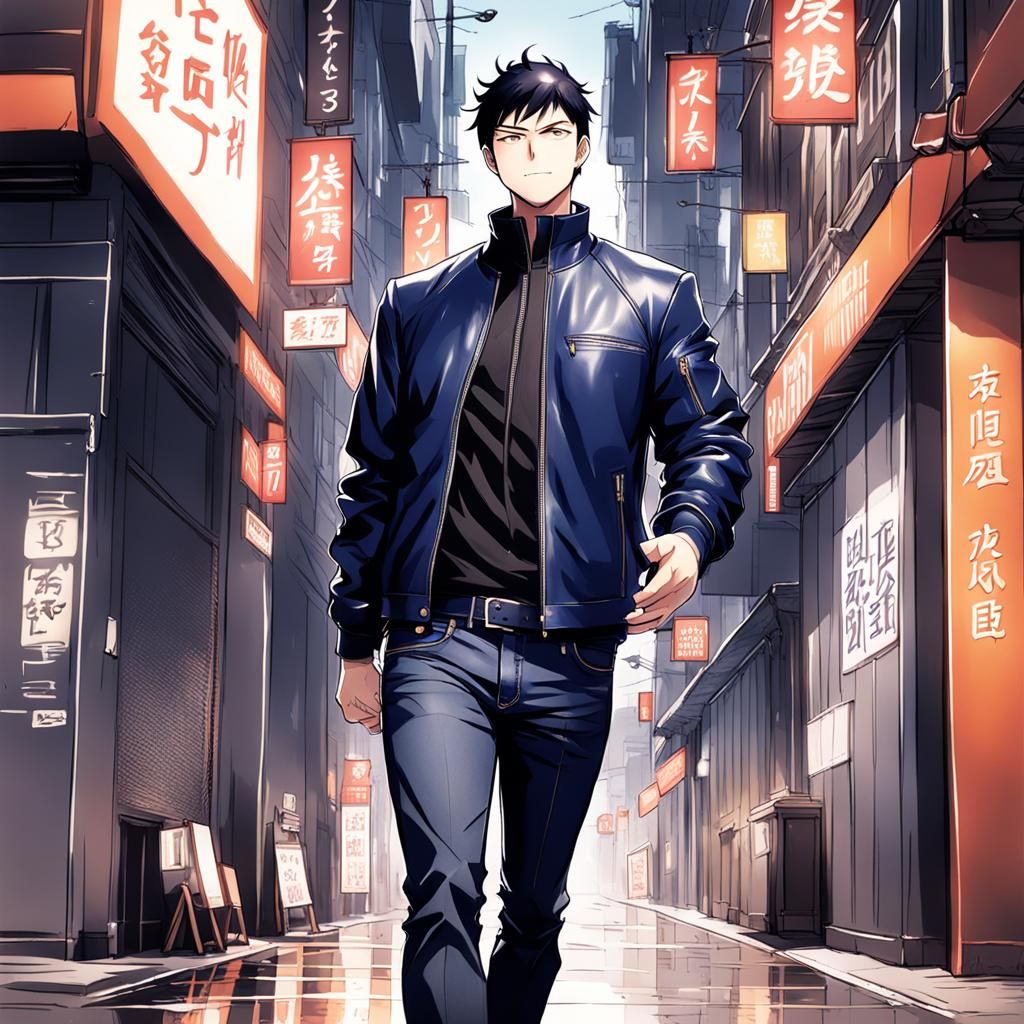 Anime Style: Man in Leather Jacket and Jeans