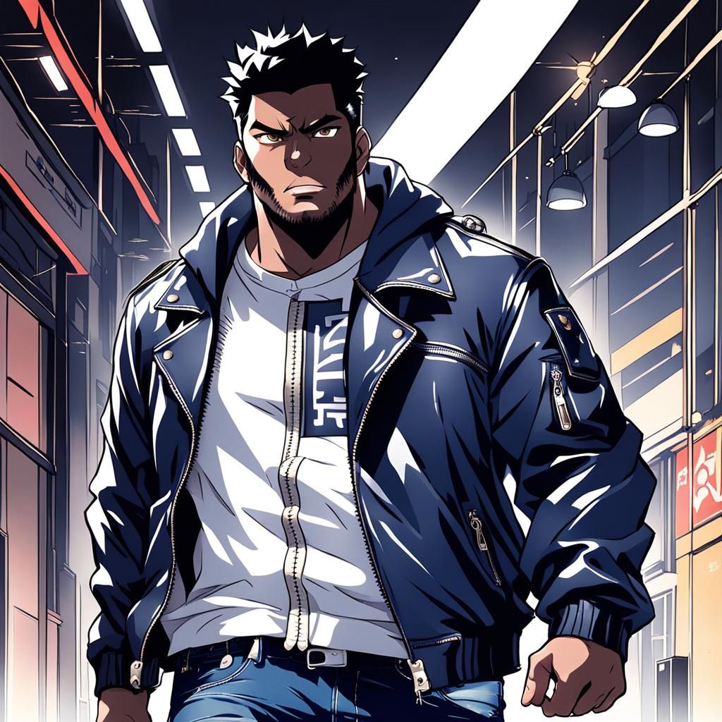 Anime Style Image of a Man in Leather Jacket