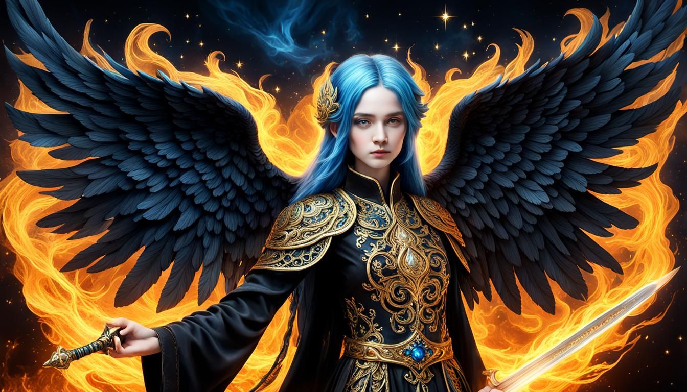 Angel in Elaborate Black Robe with Radiant Wings